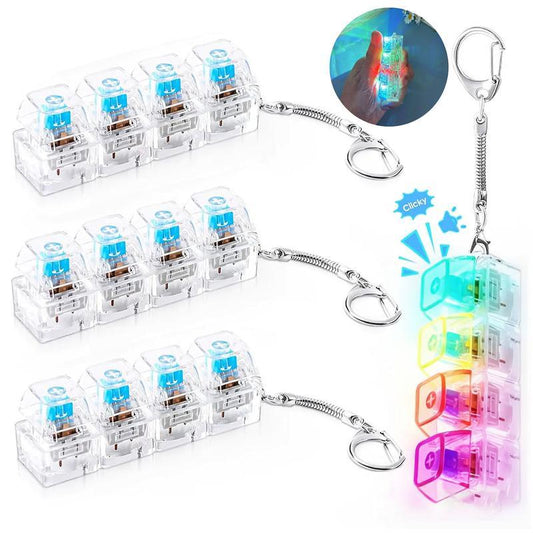 4 Pack Mechanical Keyboard Keychain Decorations with LED Glowing Lights, Stress Relief Fingertip Clicker with Transparent Crystal Keycaps, Fingertip Fidget Toys and Fun Pendant for Boys, Girls and Adults, New Year'S Day Gifts, Valentine'S Day Gifts