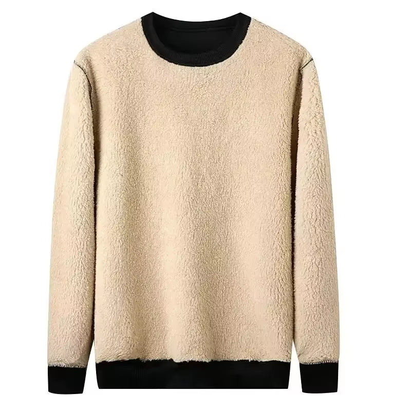 Autumn Winter Fleece-Lined Thickened Men'S Sweatshirt Wool round Neck Black Base Lose-Fit Warm Bra Men'S Top