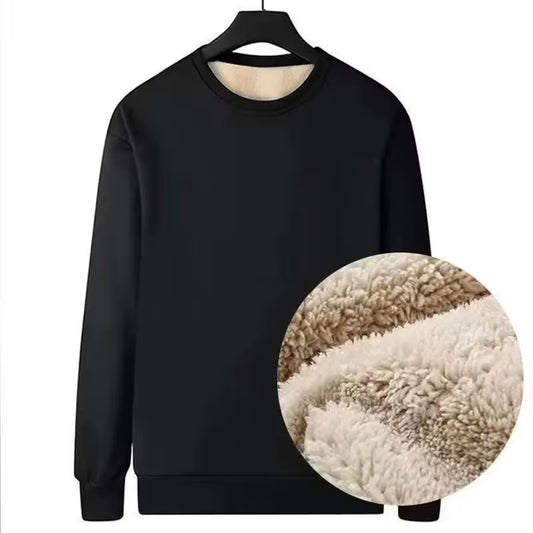 Autumn Winter Fleece-Lined Thickened Men'S Sweatshirt Wool round Neck Black Base Lose-Fit Warm Bra Men'S Top